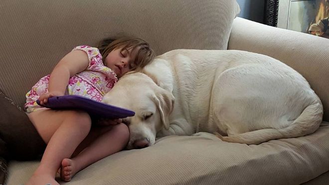 little girl and dog